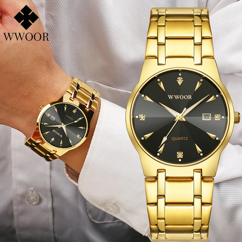 Relogio Masculino WWOOR Gold Black Luxury